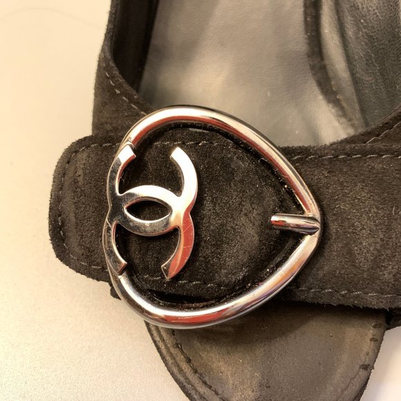 Chanel Black Suede Peep-Toe Wedge Heels - Picture 4 of 13